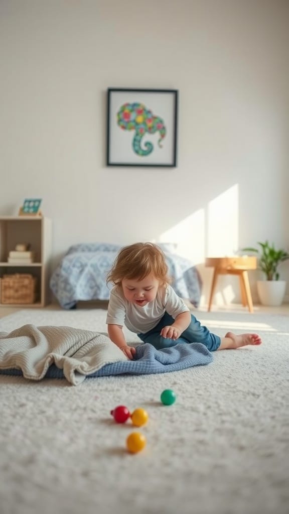 A toddler playing on a soft carpet with colorful balls and a cozy blanket.