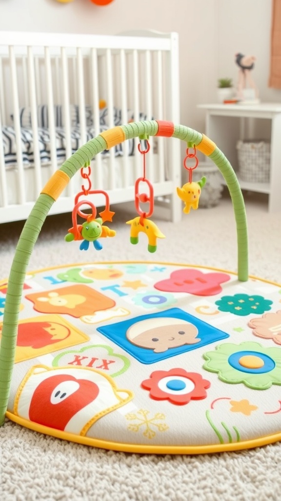 A colorful activity mat with hanging toys, designed for newborns and toddlers.