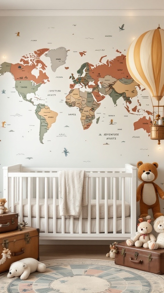 A cozy baby boy nursery featuring a world map mural, a crib, and playful decor.