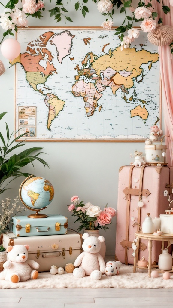 Travel-themed baby shower setup with a world map, globes, and decorative suitcases