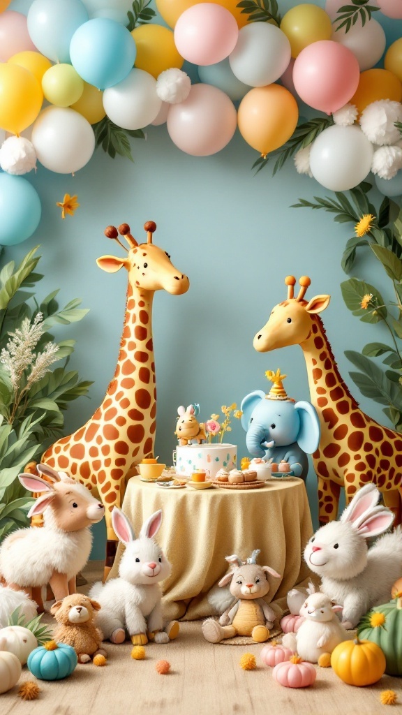 Colorful baby shower setup with animal decorations including giraffes, elephants, and plush bunnies.