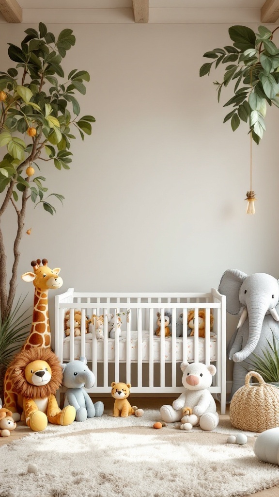 A baby boy's nursery featuring an animal safari theme with plush toys and a crib.