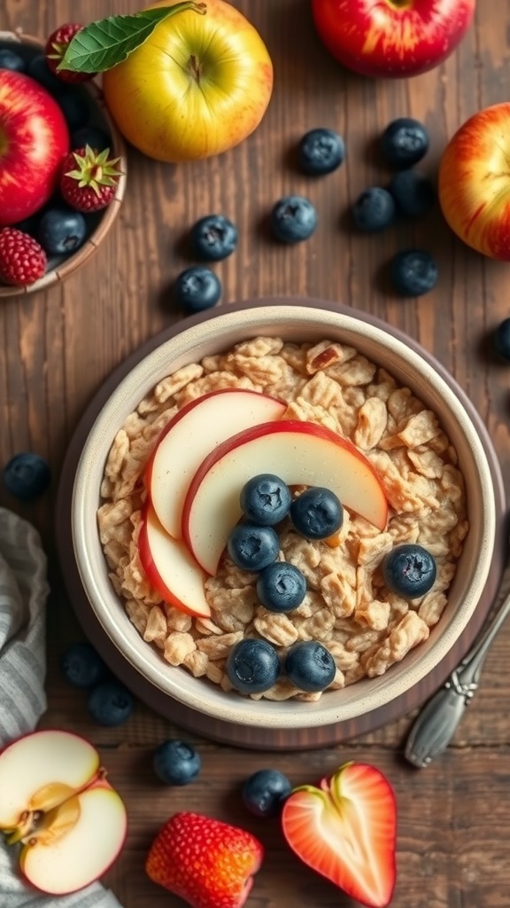 Bowl of apple and blueberry oatmeal surrounded by fresh fruits