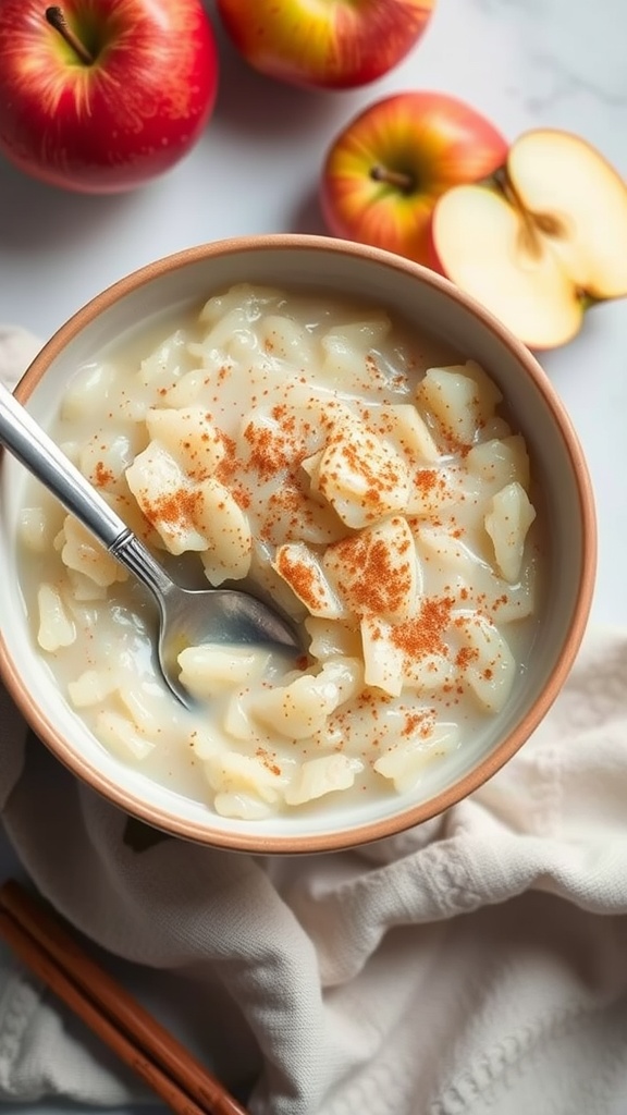 A bowl of apple and cinnamon rice pudding with a spoon, surrounded by fresh apples.