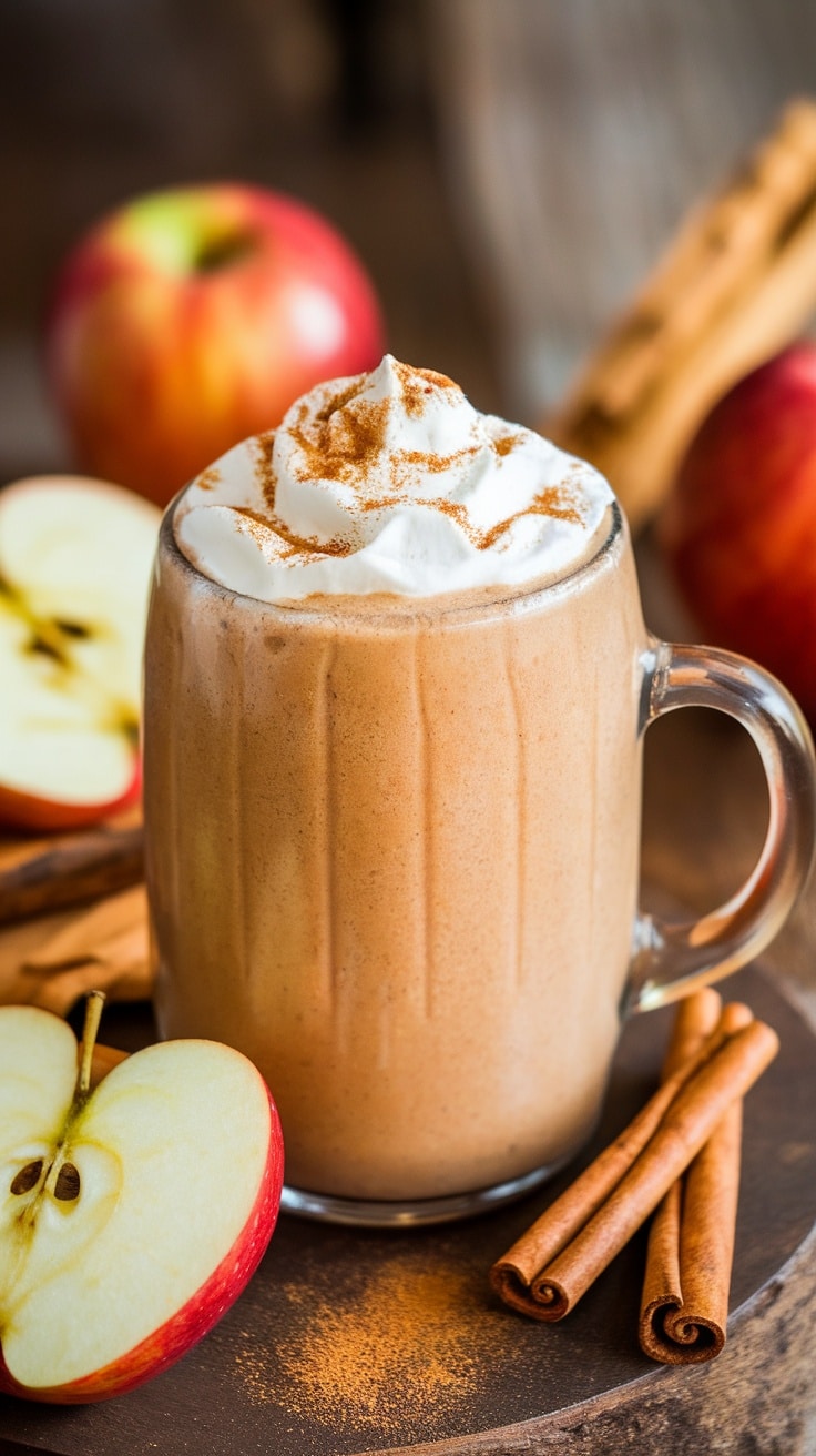 A delicious apple cinnamon smoothie topped with whipped cream and sprinkled with cinnamon, surrounded by fresh apples and cinnamon sticks.