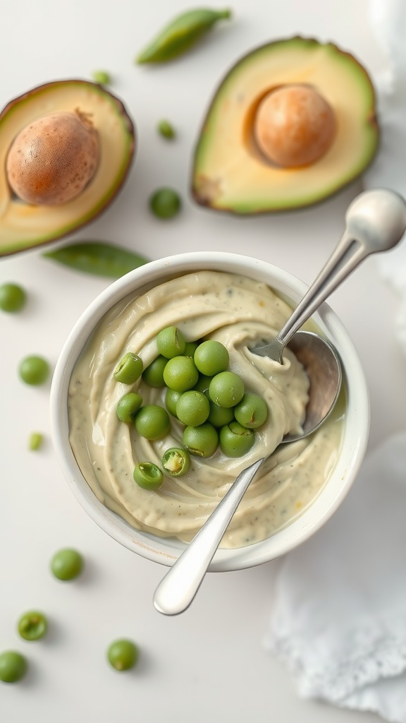 A bowl of avocado and sweet pea puree with whole avocado halves and fresh peas in the background.