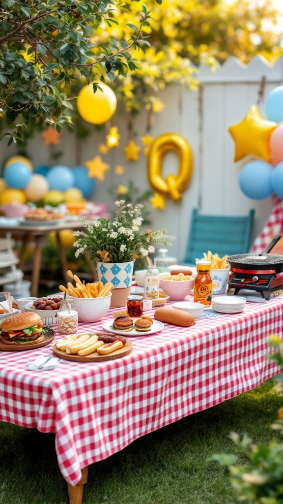 A festive Baby-Q setup with BBQ food on a gingham tablecloth, balloons, and decorations.