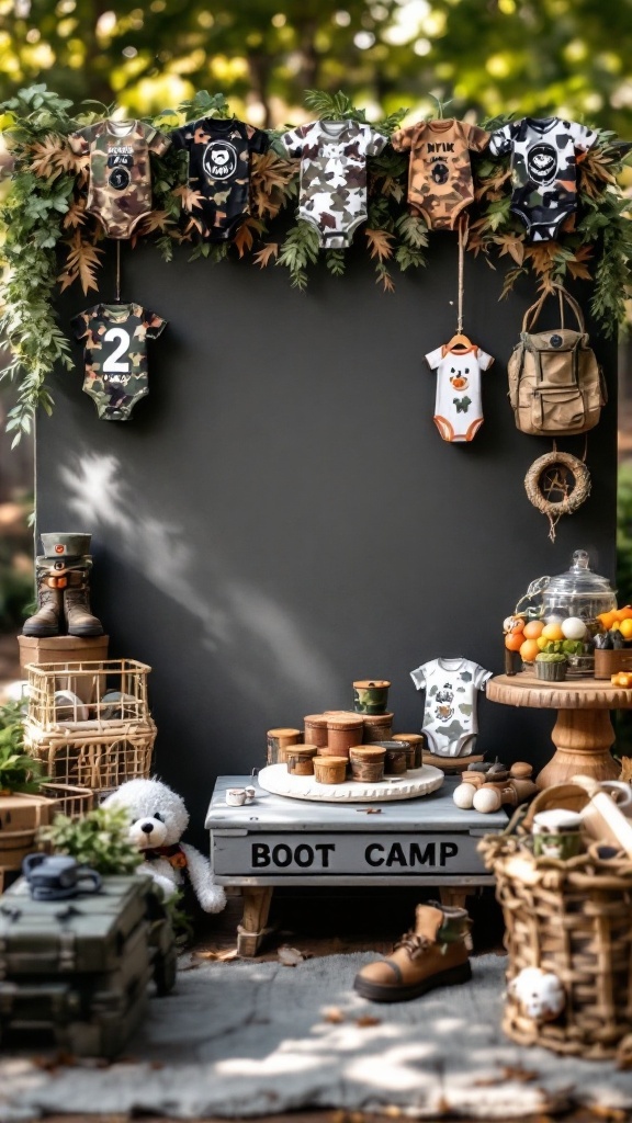 Decorative setup for a baby shower with camo prints, military-themed items, and sweet treats.