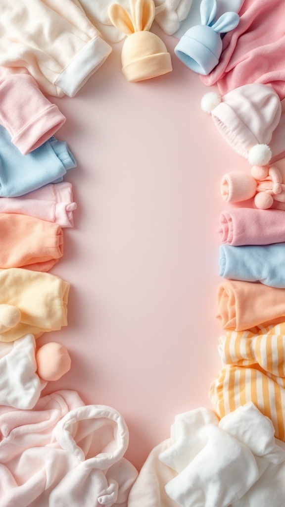 A variety of baby clothes including onesies, hats, and blankets in soft colors.