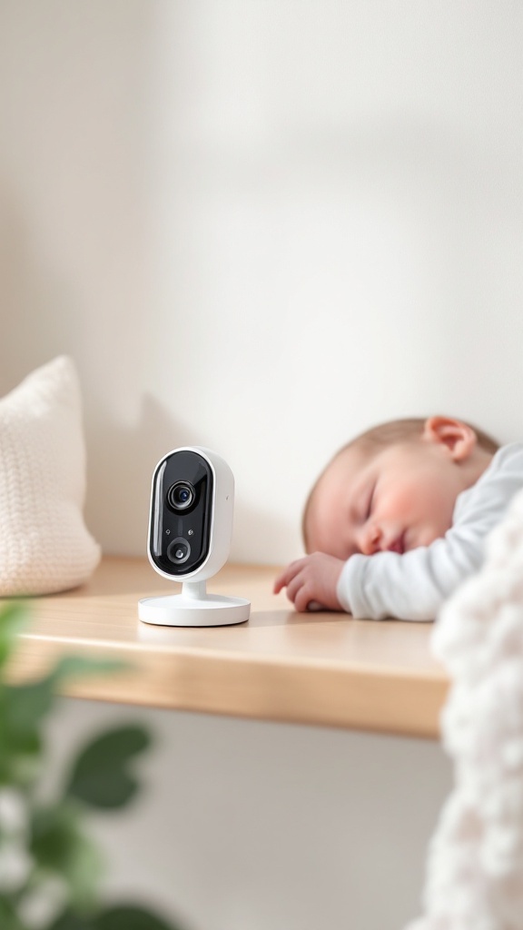 A baby monitor placed next to a sleeping baby on a shelf.