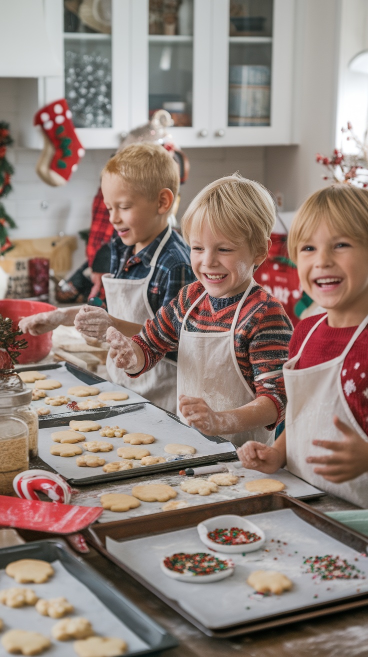 Children smiling and baking cookies together in a festive kitchen