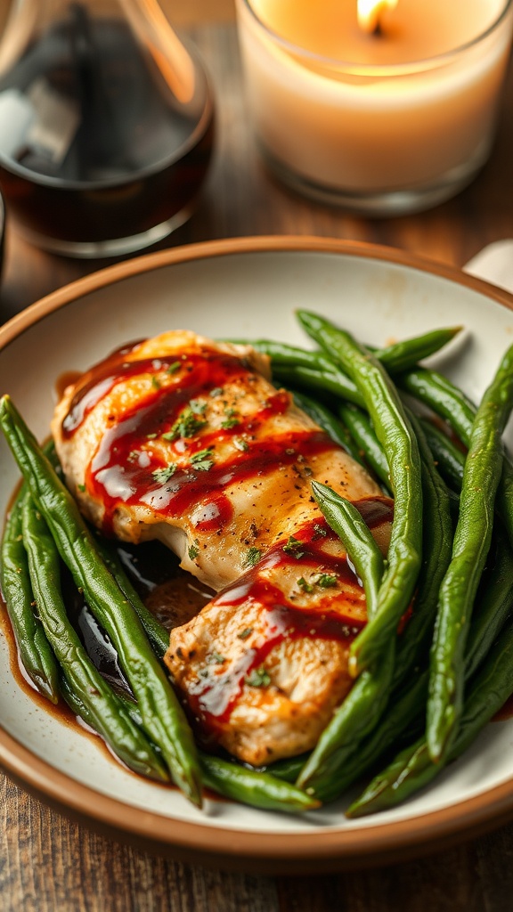 A plate of balsamic chicken drizzled with sauce, served alongside green beans.