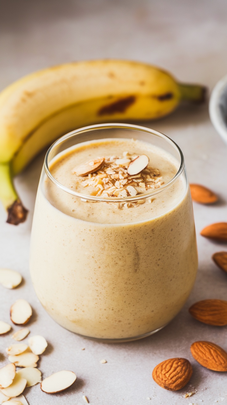 Smoothie made with banana and almonds in a glass, surrounded by almonds and a banana.