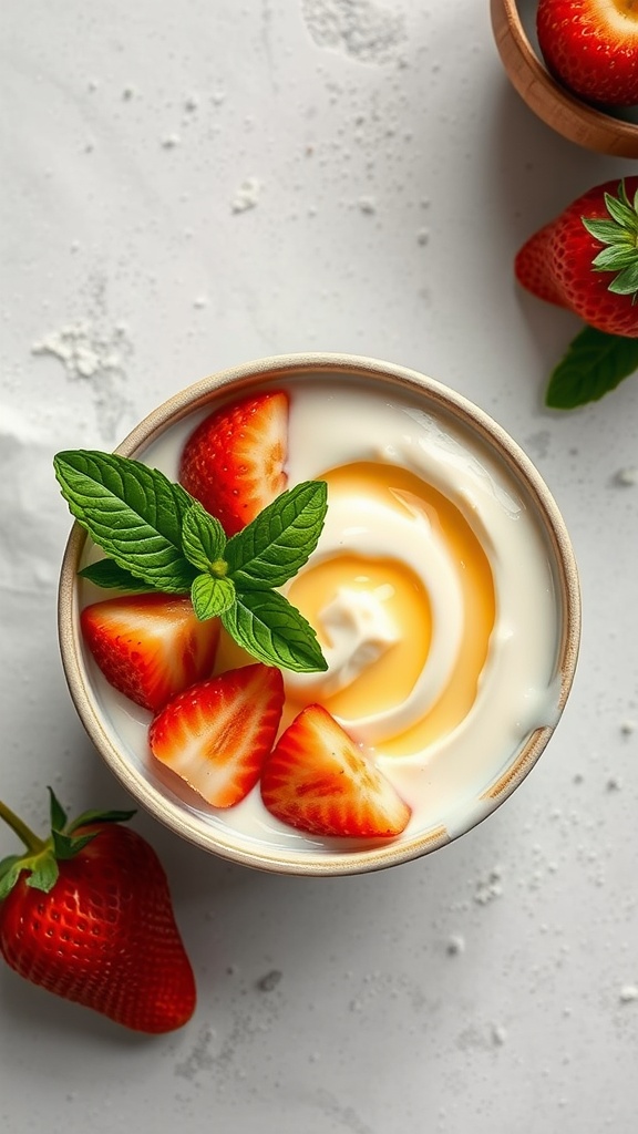 A bowl of banana and peach yogurt topped with fresh strawberries and mint leaves.