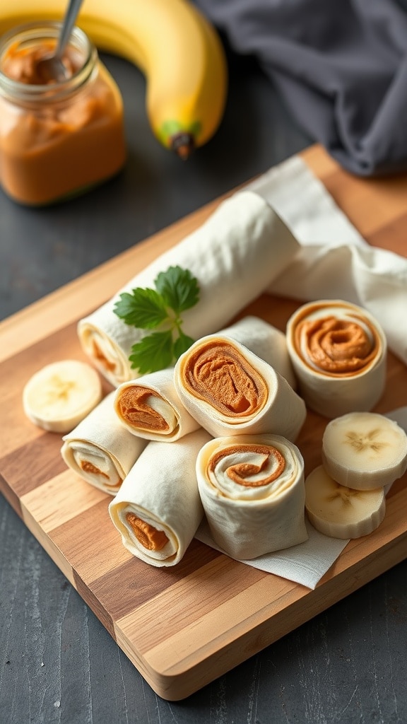 Banana and peanut butter wraps on a wooden cutting board with banana slices and peanut butter jar in the background