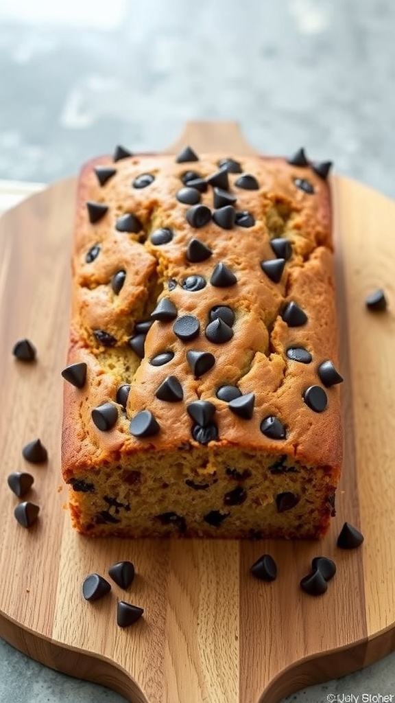 A freshly baked banana bread topped with chocolate chips on a wooden cutting board.