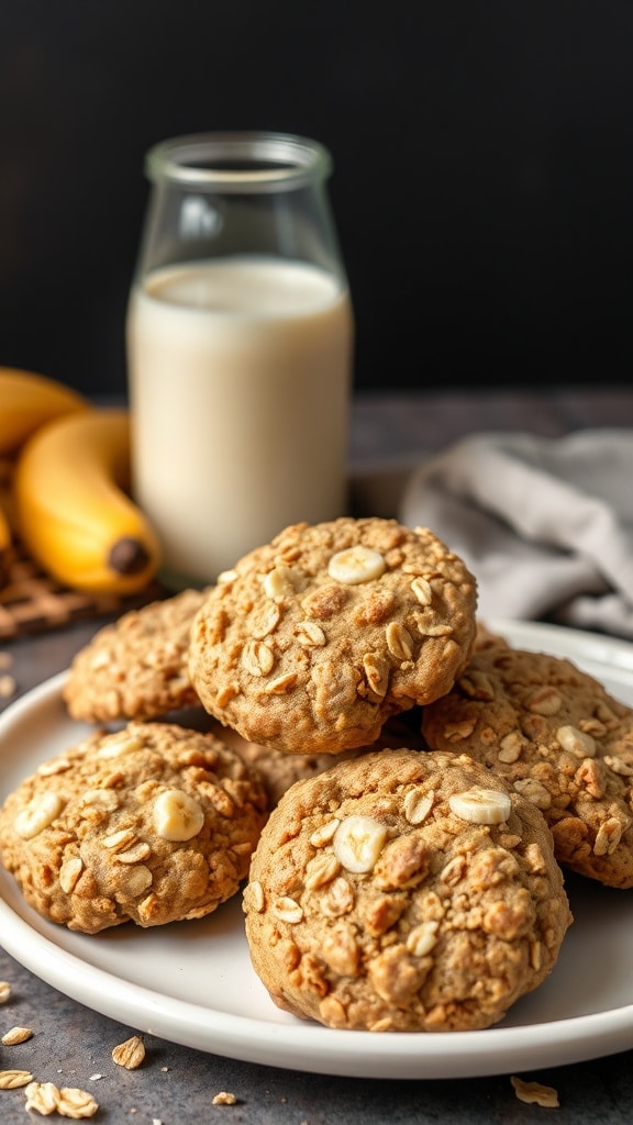 A plate of banana oatmeal cookies with a glass of milk and bananas in the background.