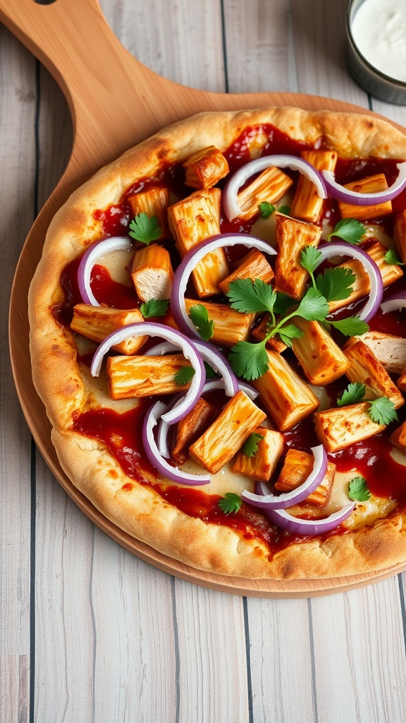 Delicious barbecue chicken pizza topped with onions and cilantro.