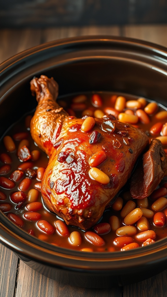 Crock pot with barbecue chicken and mixed beans