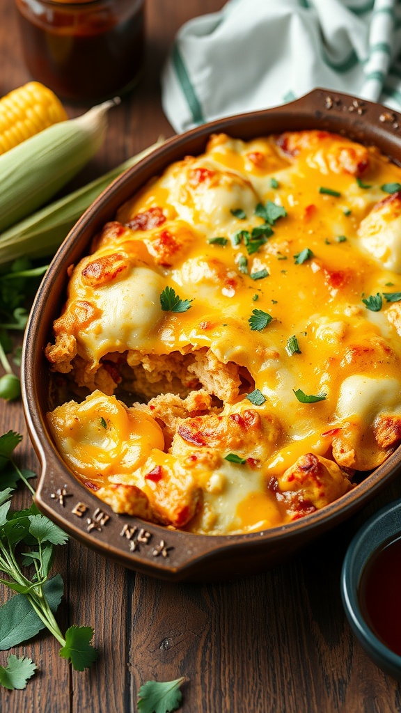 A delicious BBQ Ranch Chicken and Cornbread Casserole, topped with melted cheese and fresh herbs.