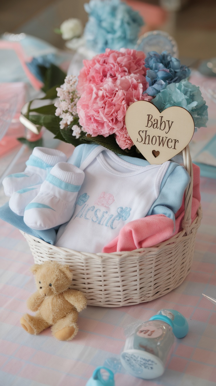 A beautiful centerpiece for a baby shower featuring a basket with baby clothes, a teddy bear, and vibrant flowers.