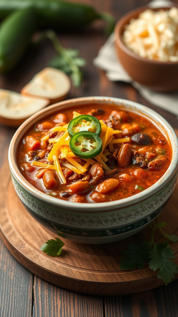 A bowl of hearty beef and bean chili with cheese and jalapeños