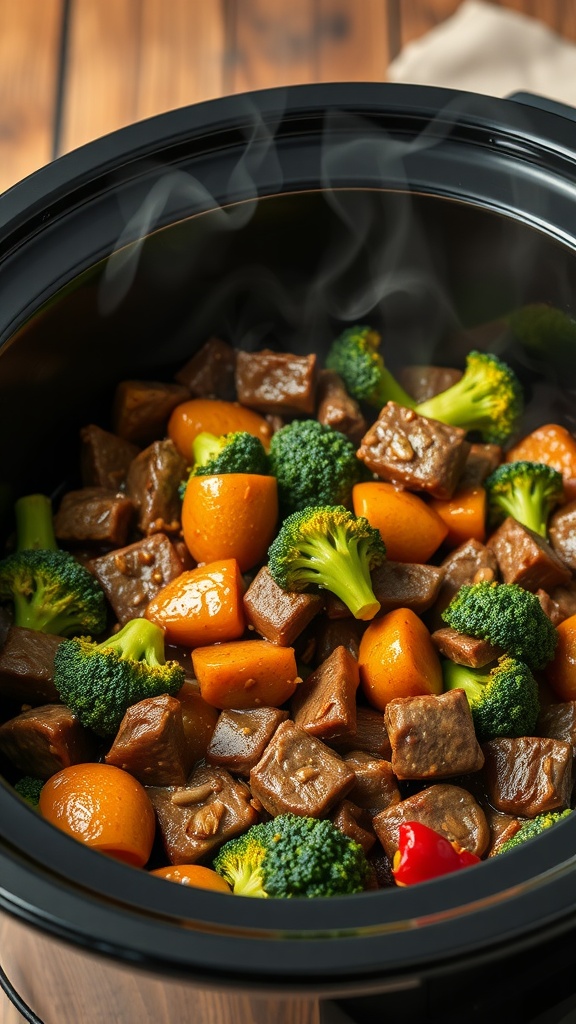 Crock pot beef and broccoli stir-fry with colorful vegetables