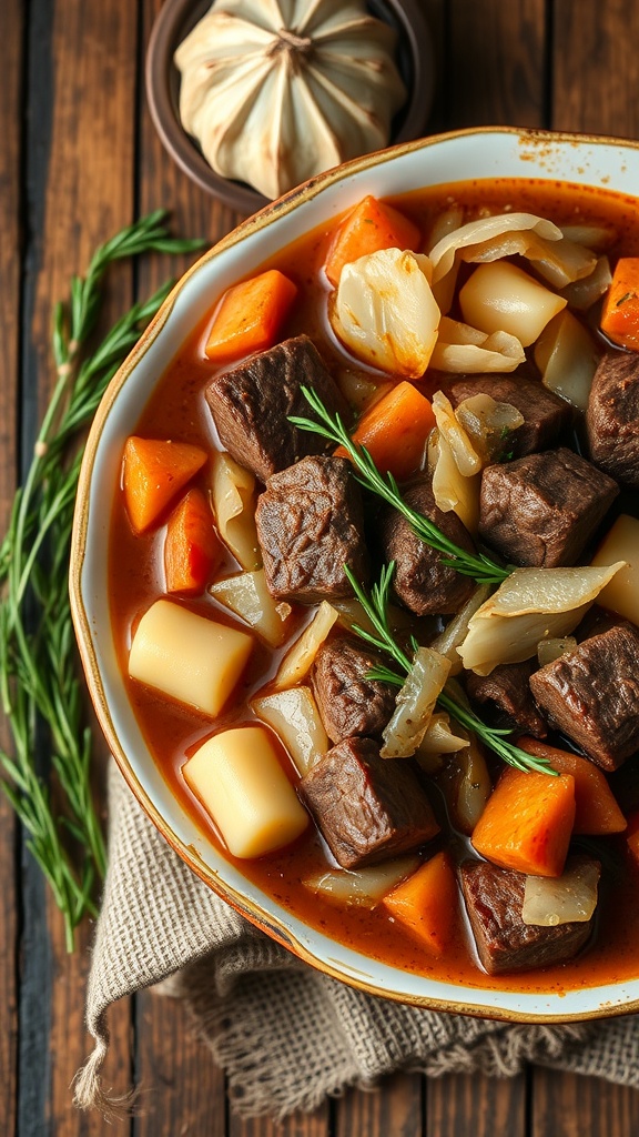 A bowl of beef and cabbage stew with chunks of beef, potatoes, and carrots.