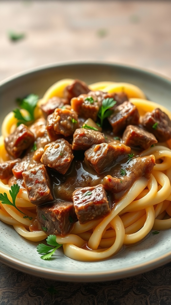 A plate of beef stroganoff served over egg noodles, garnished with parsley.