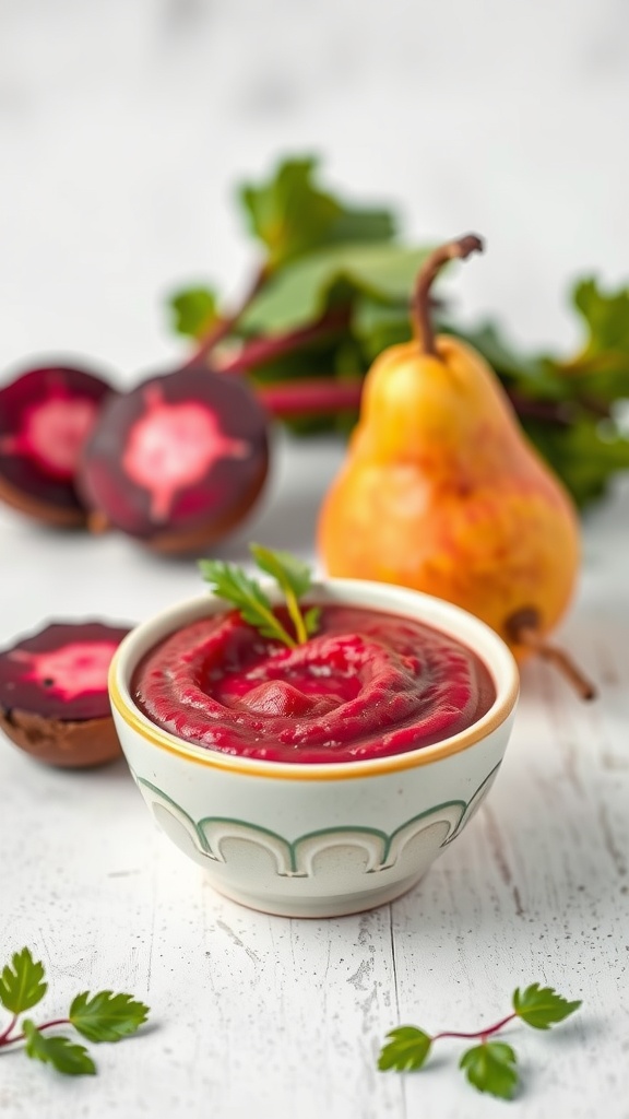 A bowl of beetroot and pear puree garnished with a sprig of herbs, surrounded by fresh ingredients.