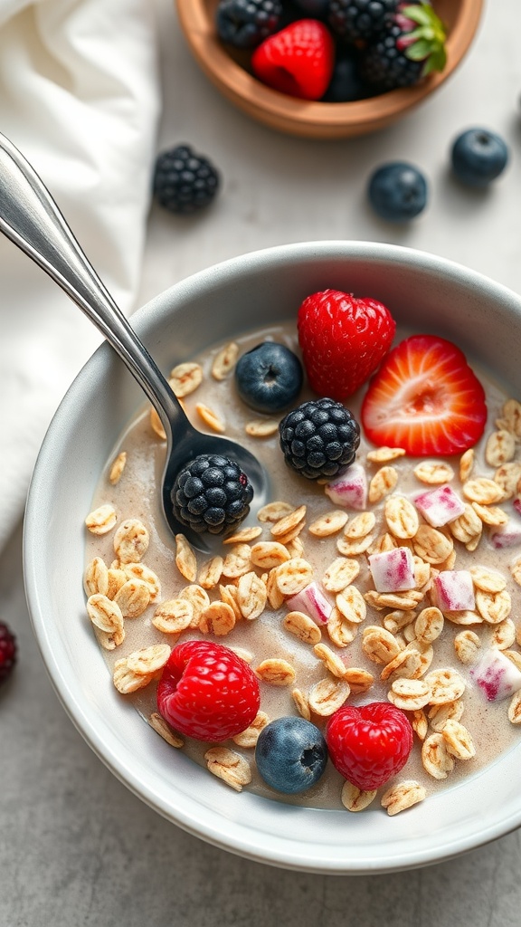 A bowl of cereal topped with mixed berries and oats