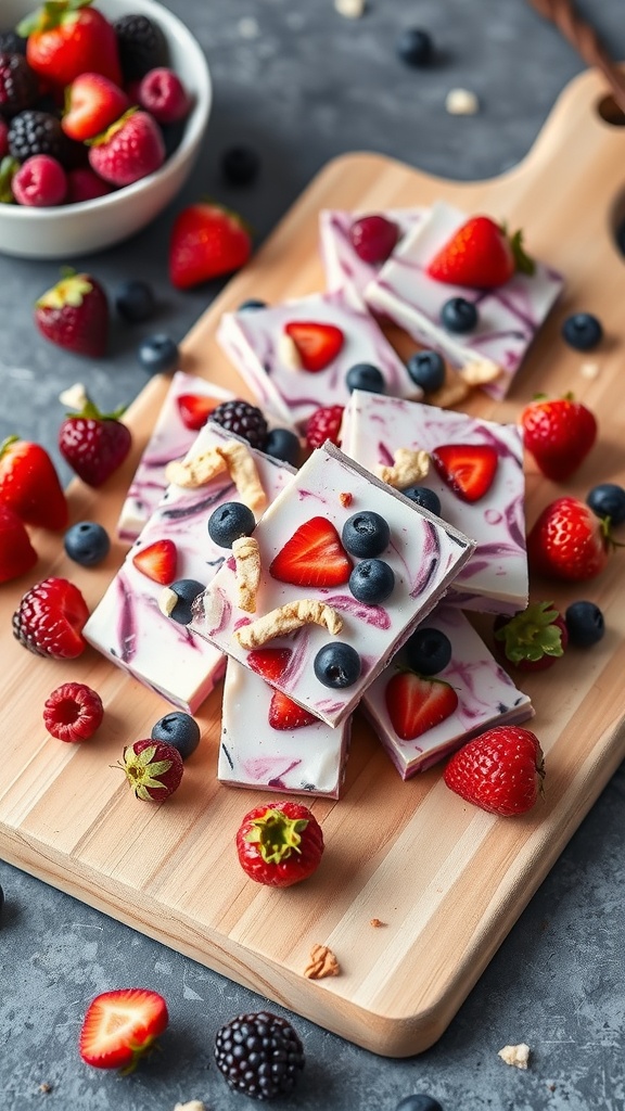 Delicious berry frozen yogurt bark with strawberries, blueberries, and raspberries.