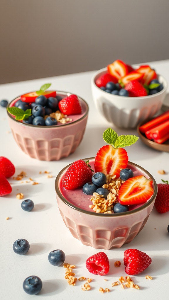 Three colorful berry smoothie bowls topped with strawberries, blueberries, and granola, surrounded by fresh berries.