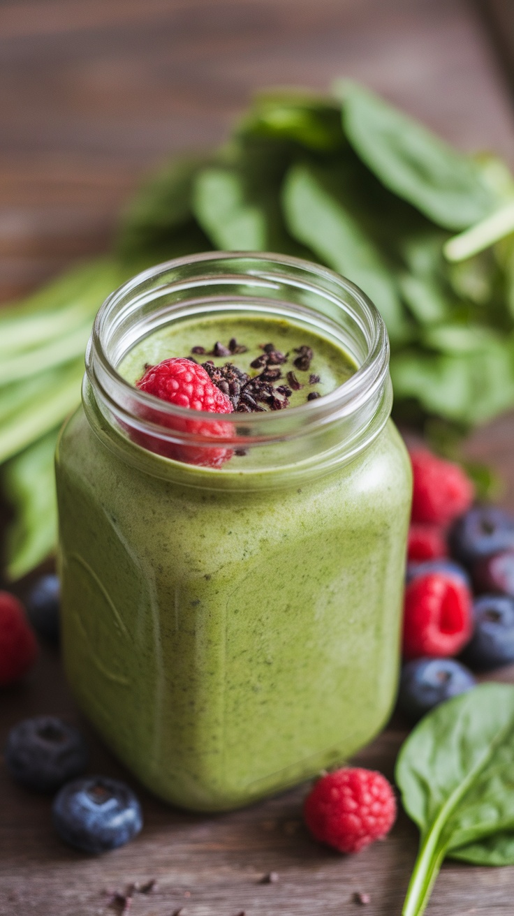 A vibrant green smoothie in a jar topped with raspberries and chocolate sprinkles, surrounded by fresh berries and spinach.