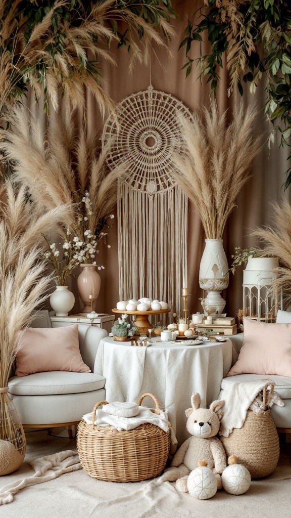 A beautiful boho baby shower setup featuring pampas grass, macramé decorations, and soft pastel colors.