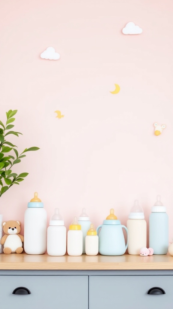 A collection of baby bottles displayed on a shelf with a soft background.