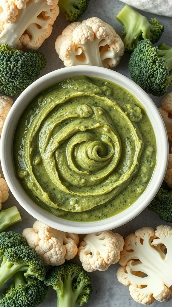 A bowl of creamy broccoli and cauliflower blend surrounded by fresh broccoli and cauliflower florets.