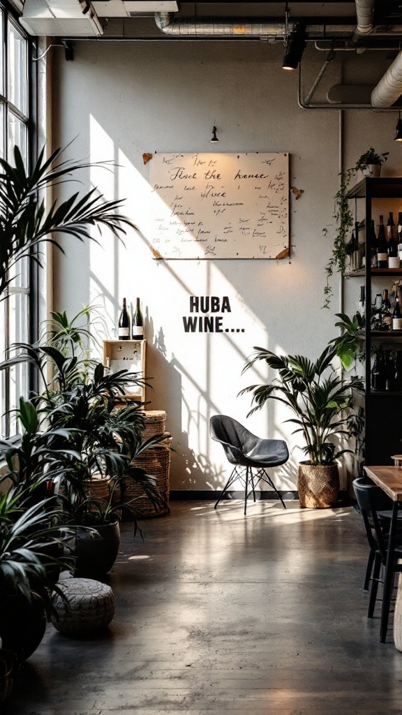 Interior of Brooklyn Winery with plants and wine bottles