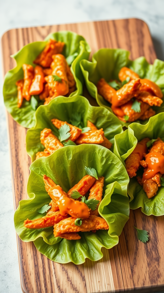 Buffalo Chicken Lettuce Wraps on a wooden platter, garnished with cilantro.