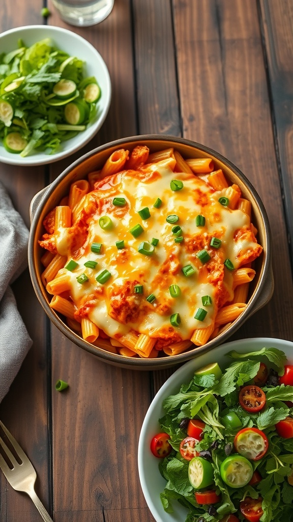 A delicious Buffalo Chicken Pasta Bake served in a bowl, alongside a fresh salad.