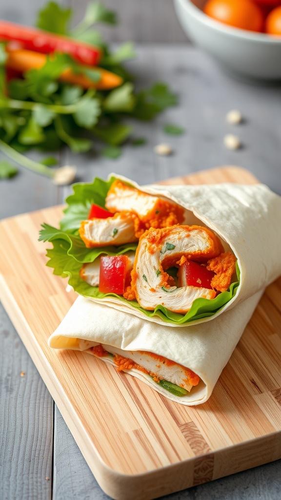 A delicious buffalo chicken wrap with lettuce, red peppers, and creamy sauce on a wooden cutting board.