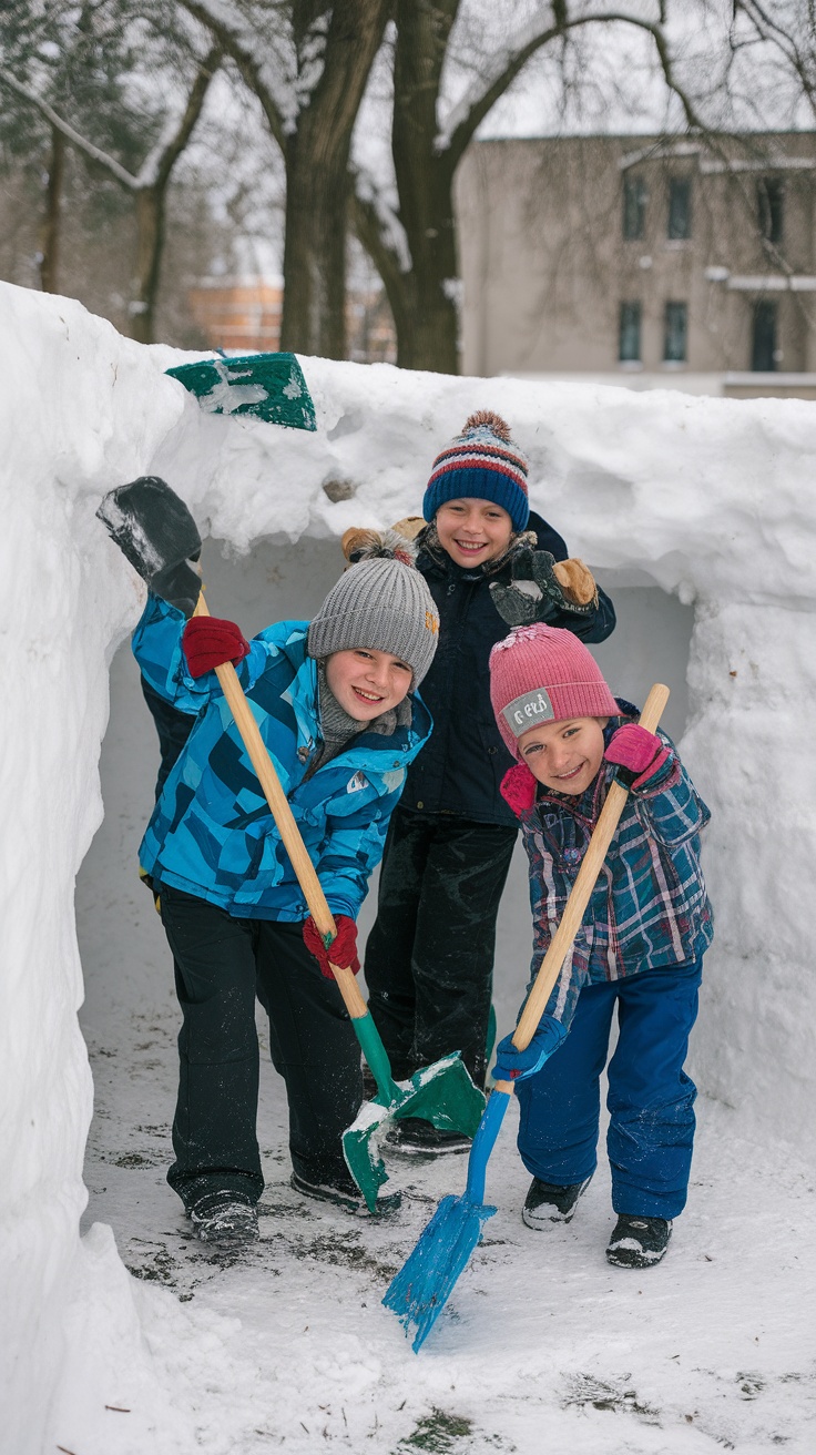 Three kids building a snow fort in winter