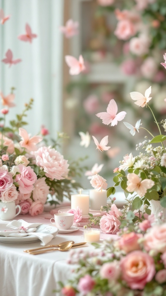 A beautifully decorated baby shower table featuring pink flowers and butterflies.