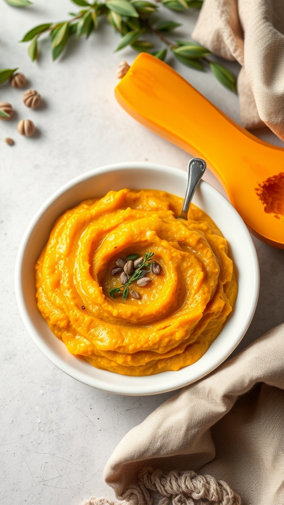 A bowl of creamy butternut squash puree garnished with seeds.