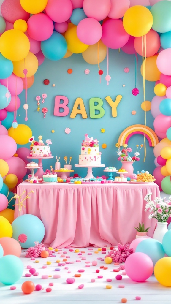 Colorful Candyland themed baby shower decor with balloons and desserts.