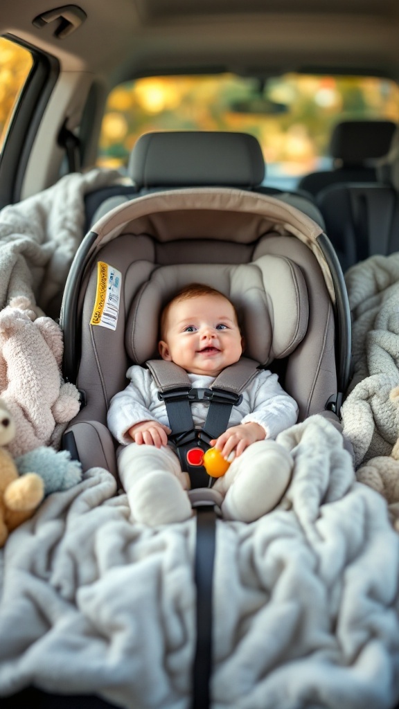 A happy baby sitting in a car seat with a cozy blanket.