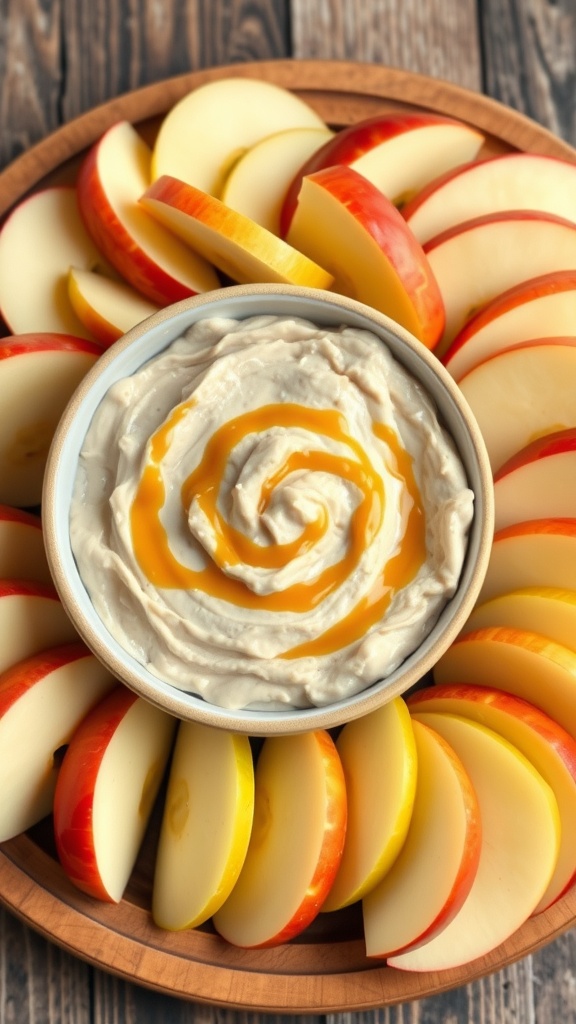 A bowl of creamy caramel apple dip surrounded by sliced red and yellow apples.