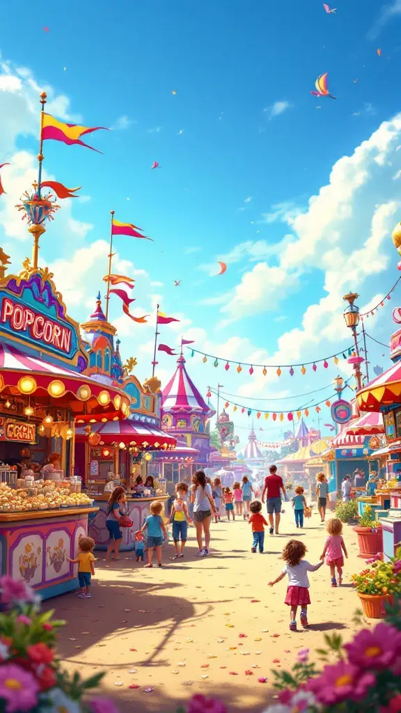 A vibrant carnival scene with popcorn stands, colorful tents, and families enjoying the festivities.