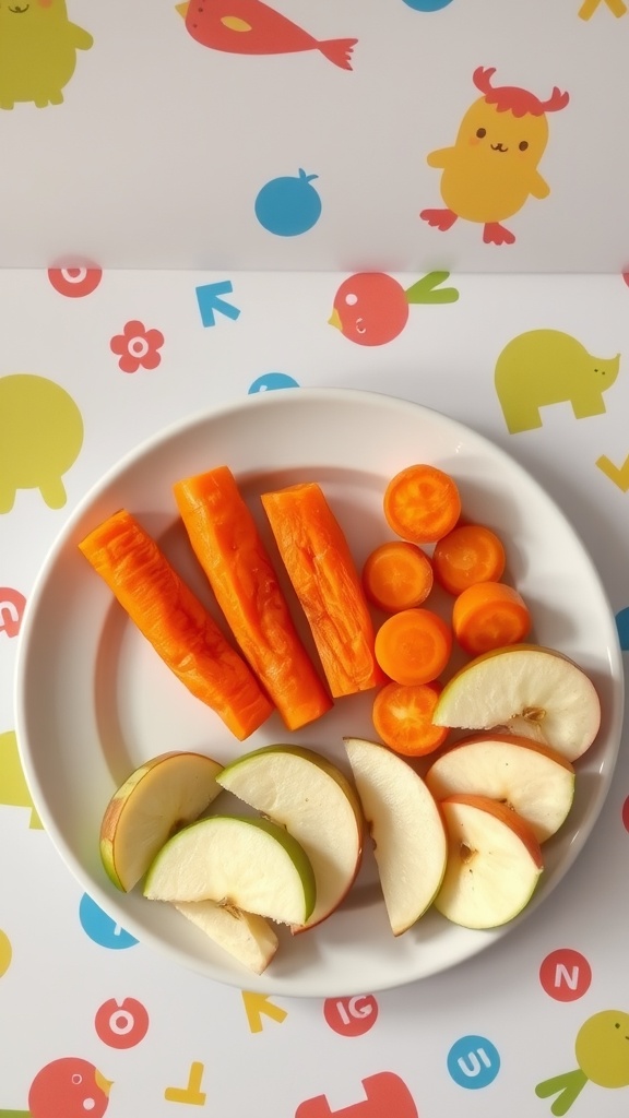 Plateful of carrot sticks and apple slices on a colorful background