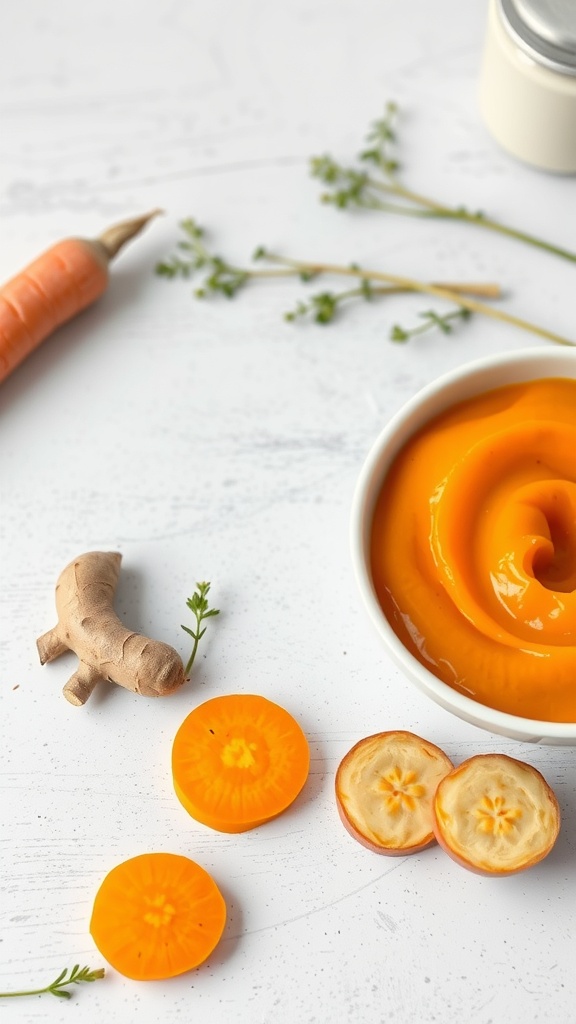 A bowl of smooth carrot and ginger puree surrounded by sliced carrots and ginger root.